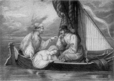 A painting showing two men and a woman sitting in the stern of a small sailboat.
One of the men is talking, while the other listens, his chin resting on his hand.
The woman sits in the bottom of the boat, looking down into the water.