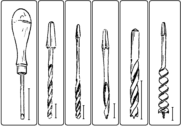 Fig. 125. Brad-Awl. Fig. 126. Twist-Drill. Fig. 127. Fig. 128. German Gimlet-Bit. Fig. 129. Bit-Point Drill. Twist-Bit. Fig. 130. Auger-Bit.