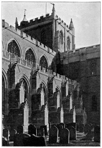 Photo of the the cathedral, showing junction of Transitional and Perpendicular work in the
Tower.