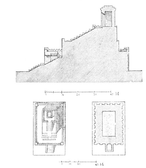 Figs. 169-171.—Longitudinal section, plan and horizontal
section of the rectangular type of Chaldæan temple.