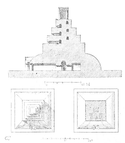 Figs. 180-182.—Square Assyrian temple. Longitudinal
section, horizontal section and plan.