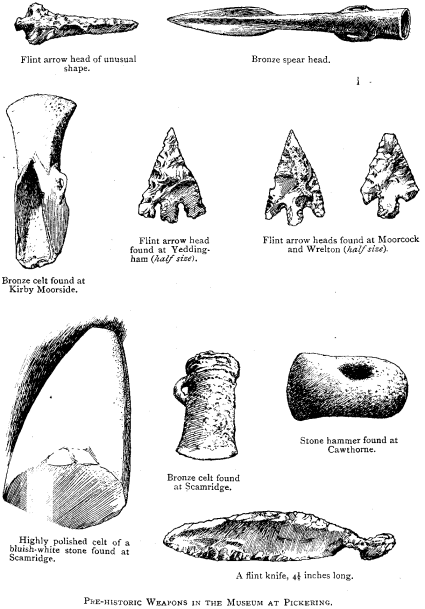 PRE-HISTORIC WEAPONS IN THE MUSEUM AT PICKERING. Flint arrow head of unusual shape. Bronze Spear head. Bronze celt found at Kirby Moorside. Flint arrow head found at Yeddingham (_half size_). Flint arrow heads found at Moorcock and Wrelton (_half size_). Highly polished celt of a bluish-white stone found at Scamridge. Bronze celt found at Scamridge. Stone hammer found at Cawthorne. A flint knife, 4-1/8 inches long.