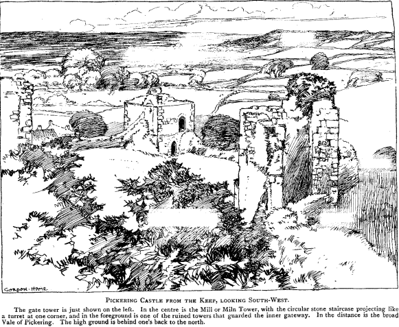 Pickering Castle from the Keep, looking South-West. The gate tower is just shown on the left. In the centre is the Mill or Miln Tower, with the circular stone staircase projecting like a turret at one corner, and in the foreground is one of the ruined towers that guarded the inner gateway. In the distance is the broad Vale of Pickering. The high ground is behind one's back to the north.