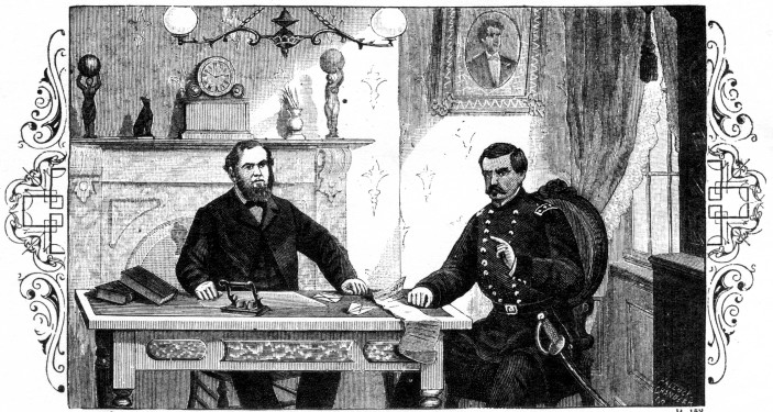 Frontispiece. P. 158.

Allan Pinkerton and General McClellan in Private Consultation.