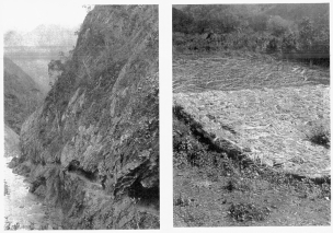 Fig. 47—The Urubamba Valley below Paltaybamba. Harder
rocks intruded into the schists that in general compose the valley walls
here form steep scarps. It has been suggested (Davis) that such a
constricted portion of a valley be called a “shut-in.” The old trail
climbed to the top of the valley and over the back of a huge spur. The
new road is virtually a tunnel blasted along the face of a cliff.