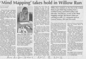 Image of article from Ann Arbor News about 
	teaching Mindmapping to Willow Run High school 
	students. 429K